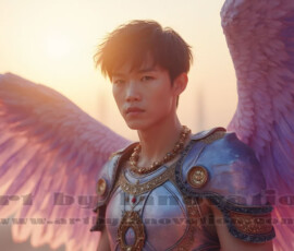 Stunning AI-generated male angel art handsome heavenly warriors with enormous shimmering wings descending from the celestial realm. Heaven's Warriors Collection by Jeff Dupler.