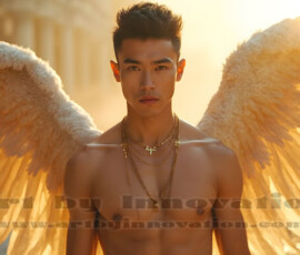 Stunning AI-generated male angel art handsome heavenly warriors with enormous shimmering wings descending from the celestial realm. Heaven's Warriors Collection by Jeff Dupler.