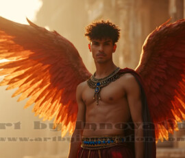 Stunning AI-generated male angel art handsome heavenly warriors with enormous shimmering wings descending from the celestial realm. Heaven's Warriors Collection by Jeff Dupler.