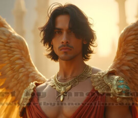 Stunning AI-generated male angel art handsome heavenly warriors with enormous shimmering wings descending from the celestial realm. Heaven's Warriors Collection by Jeff Dupler.
