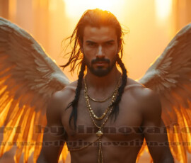 Stunning AI-generated male angel art handsome heavenly warriors with enormous shimmering wings descending from the celestial realm. Heaven's Warriors Collection by Jeff Dupler.