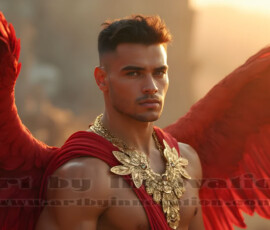 Stunning AI-generated male angel art handsome heavenly warriors with enormous shimmering wings descending from the celestial realm. Heaven's Warriors Collection by Jeff Dupler.
