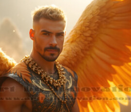 Stunning AI-generated male angel art handsome heavenly warriors with enormous shimmering wings descending from the celestial realm. Heaven's Warriors Collection by Jeff Dupler.