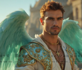 Stunning AI-generated male angel art handsome heavenly warriors with enormous shimmering wings descending from the celestial realm. Heaven's Warriors Collection by Jeff Dupler.