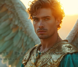 Stunning AI-generated male angel art handsome heavenly warriors with enormous shimmering wings descending from the celestial realm. Heaven's Warriors Collection by Jeff Dupler.
