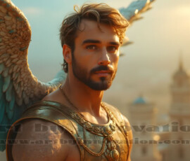 Stunning AI-generated male angel art handsome heavenly warriors with enormous shimmering wings descending from the celestial realm. Heaven's Warriors Collection by Jeff Dupler.