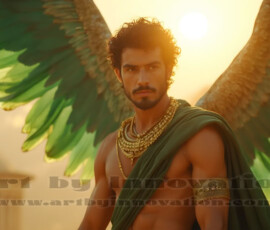 Stunning AI-generated male angel art handsome heavenly warriors with enormous shimmering wings descending from the celestial realm. Heaven's Warriors Collection by Jeff Dupler.