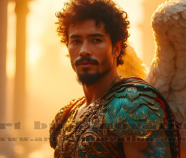 Stunning AI-generated male angel art handsome heavenly warriors with enormous shimmering wings descending from the celestial realm. Heaven's Warriors Collection by Jeff Dupler.