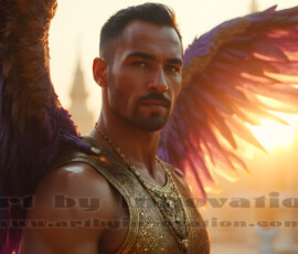 Stunning AI-generated male angel art handsome heavenly warriors with enormous shimmering wings descending from the celestial realm. Heaven's Warriors Collection by Jeff Dupler.