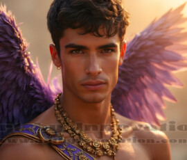 Stunning AI-generated male angel art handsome heavenly warriors with enormous shimmering wings descending from the celestial realm. Heaven's Warriors Collection by Jeff Dupler.