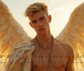 Stunning AI-generated male angel art handsome heavenly warriors with enormous shimmering wings descending from the celestial realm. Heaven's Warriors Collection by Jeff Dupler.