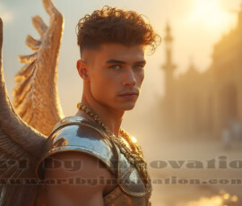 Stunning AI-generated male angel art handsome heavenly warriors with enormous shimmering wings descending from the celestial realm. Heaven's Warriors Collection by Jeff Dupler.