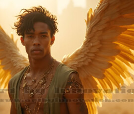Stunning AI-generated male angel art handsome heavenly warriors with enormous shimmering wings descending from the celestial realm. Heaven's Warriors Collection by Jeff Dupler.