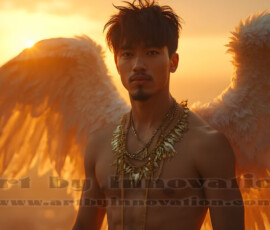 Stunning AI-generated male angel art handsome heavenly warriors with enormous shimmering wings descending from the celestial realm. Heaven's Warriors Collection by Jeff Dupler.
