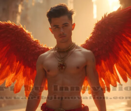 Stunning AI-generated male angel art handsome heavenly warriors with enormous shimmering wings descending from the celestial realm. Heaven's Warriors Collection by Jeff Dupler.