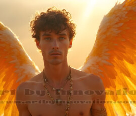 Stunning AI-generated male angel art handsome heavenly warriors with enormous shimmering wings descending from the celestial realm. Heaven's Warriors Collection by Jeff Dupler.