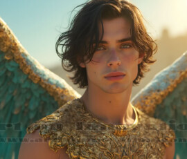 Stunning AI-generated male angel art handsome heavenly warriors with enormous shimmering wings descending from the celestial realm. Heaven's Warriors Collection by Jeff Dupler.