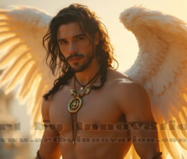 Stunning AI-generated male angel art handsome heavenly warriors with enormous shimmering wings descending from the celestial realm. Heaven's Warriors Collection by Jeff Dupler.