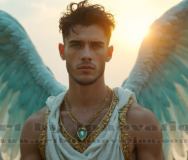 Stunning AI-generated male angel art handsome heavenly warriors with enormous shimmering wings descending from the celestial realm. Heaven's Warriors Collection by Jeff Dupler.