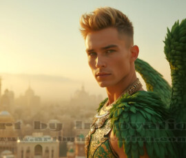 Stunning AI-generated male angel art handsome heavenly warriors with enormous shimmering wings descending from the celestial realm. Heaven's Warriors Collection by Jeff Dupler.