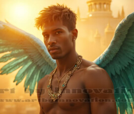 Stunning AI-generated male angel art handsome heavenly warriors with enormous shimmering wings descending from the celestial realm. Heaven's Warriors Collection by Jeff Dupler.