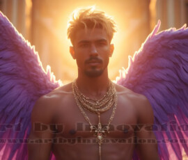 Stunning AI-generated male angel art handsome heavenly warriors with enormous shimmering wings descending from the celestial realm. Heaven's Warriors Collection by Jeff Dupler.