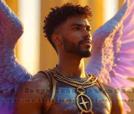 Stunning AI-generated male angel art handsome heavenly warriors with enormous shimmering wings descending from the celestial realm. Heaven's Warriors Collection by Jeff Dupler.