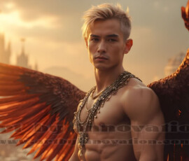 Stunning AI-generated male angel art handsome heavenly warriors with enormous shimmering wings descending from the celestial realm. Heaven's Warriors Collection by Jeff Dupler.