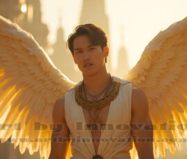 Stunning AI-generated male angel art handsome heavenly warriors with enormous shimmering wings descending from the celestial realm. Heaven's Warriors Collection by Jeff Dupler.