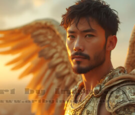 Stunning AI-generated male angel art handsome heavenly warriors with enormous shimmering wings descending from the celestial realm. Heaven's Warriors Collection by Jeff Dupler.