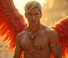 Stunning AI-generated male angel art handsome heavenly warriors with enormous shimmering wings descending from the celestial realm. Heaven's Warriors Collection by Jeff Dupler.