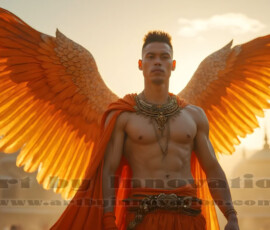 Stunning AI-generated male angel art handsome heavenly warriors with enormous shimmering wings descending from the celestial realm. Heaven's Warriors Collection by Jeff Dupler.