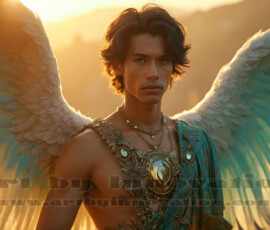 Stunning AI-generated male angel art handsome heavenly warriors with enormous shimmering wings descending from the celestial realm. Heaven's Warriors Collection by Jeff Dupler.