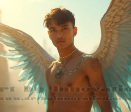Stunning AI-generated male angel art handsome heavenly warriors with enormous shimmering wings descending from the celestial realm. Heaven's Warriors Collection by Jeff Dupler.