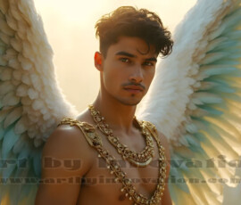 Stunning AI-generated male angel art handsome heavenly warriors with enormous shimmering wings descending from the celestial realm. Heaven's Warriors Collection by Jeff Dupler.