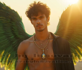 Stunning AI-generated male angel art handsome heavenly warriors with enormous shimmering wings descending from the celestial realm. Heaven's Warriors Collection by Jeff Dupler.