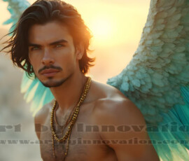Stunning AI-generated male angel art handsome heavenly warriors with enormous shimmering wings descending from the celestial realm. Heaven's Warriors Collection by Jeff Dupler.