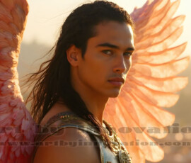 Stunning AI-generated male angel art handsome heavenly warriors with enormous shimmering wings descending from the celestial realm. Heaven's Warriors Collection by Jeff Dupler.