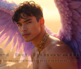 Stunning AI-generated male angel art handsome heavenly warriors with enormous shimmering wings descending from the celestial realm. Heaven's Warriors Collection by Jeff Dupler.