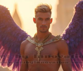 Stunning AI-generated male angel art handsome heavenly warriors with enormous shimmering wings descending from the celestial realm. Heaven's Warriors Collection by Jeff Dupler.