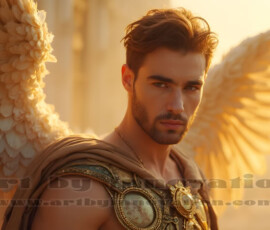 Stunning AI-generated male angel art handsome heavenly warriors with enormous shimmering wings descending from the celestial realm. Heaven's Warriors Collection by Jeff Dupler.