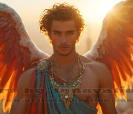 Stunning AI-generated male angel art handsome heavenly warriors with enormous shimmering wings descending from the celestial realm. Heaven's Warriors Collection by Jeff Dupler.