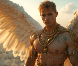 Stunning AI-generated male angel art handsome heavenly warriors with enormous shimmering wings descending from the celestial realm. Heaven's Warriors Collection by Jeff Dupler.