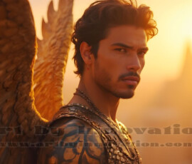 Stunning AI-generated male angel art handsome heavenly warriors with enormous shimmering wings descending from the celestial realm. Heaven's Warriors Collection by Jeff Dupler.