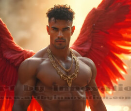 Stunning AI-generated male angel art handsome heavenly warriors with enormous shimmering wings descending from the celestial realm. Heaven's Warriors Collection by Jeff Dupler.