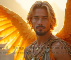 Stunning AI-generated male angel art handsome heavenly warriors with enormous shimmering wings descending from the celestial realm. Heaven's Warriors Collection by Jeff Dupler.