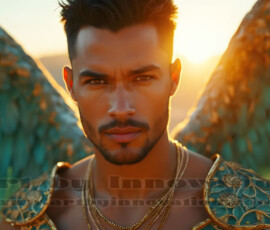 Stunning AI-generated male angel art handsome heavenly warriors with enormous shimmering wings descending from the celestial realm. Heaven's Warriors Collection by Jeff Dupler.