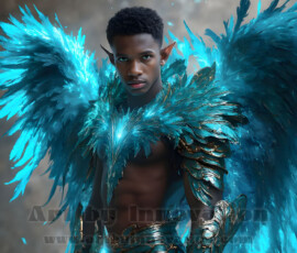 Stunning AI-generated male angel art — handsome heavenly warriors with enormous shimmering wings descending from the celestial realm. Heaven's Warriors Collection by Jeff Dupler.