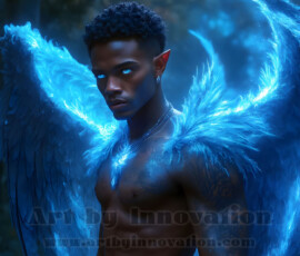 Stunning AI-generated male angel art — handsome heavenly warriors with enormous shimmering wings descending from the celestial realm. Heaven's Warriors Collection by Jeff Dupler.