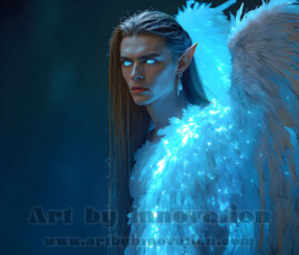 Stunning AI-generated male angel art — handsome heavenly warriors with enormous shimmering wings descending from the celestial realm. Heaven's Warriors Collection by Jeff Dupler.